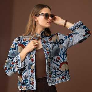 Chaqueta Bohemia Azul de Otoño Invierno, Bordada a Mano, con Botones, de Lona Tejida y Acolchada, Ecológica, con Forro de Algodón para Mujer - Product Image 1