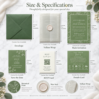 Suite d'invitations de mariage personnalisées vert sauge à thème botanique, avec enveloppe en vélin, sceau de cire et carte RSVP – Fabricant OEM/ODM en gros