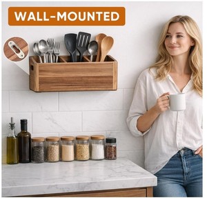 Porte-ustensiles en bois personnalisé pour comptoir de cuisine, grand organisateur d'ustensiles avec 3 compartiments, pot à outils de cuisine, style farmhouse - Product Image 6
