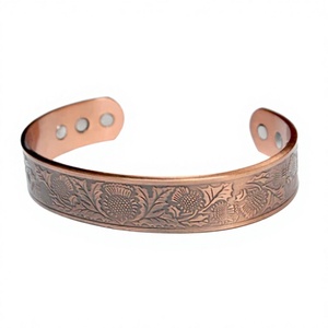 Premium Pure Copper <b>Engraved</b> Scottish Thistle Flower Leaf Pattern Bio Magnetic Cuff <b>Bangle</b> Adjustable Open Wristband - Product Image 1