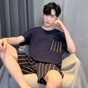 Set <span class=keywords><strong>pigiama</strong></span> in <span class=keywords><strong>cotone</strong></span> traspirante da <span class=keywords><strong>uomo</strong></span> estivo a manica corta Casual in due pezzi per indumenti da casa <span class=keywords><strong>pantaloncini</strong></span> da notte per la stagione calda - Product Image 3