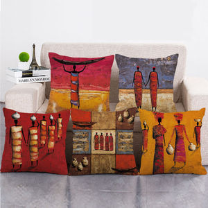 Lukisan minyak tradisional seni Afrika Wanita cetak Linen ukuran standar ruang tamu dekoratif sarung bantal untuk kursi Sofa - Product Image 1