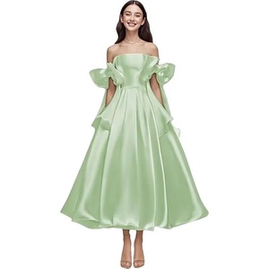 Abiti da <span class=keywords><strong>Sposa</strong></span> Personalizzati <span class=keywords><strong>in</strong></span> Raso con Spalline Sottili, Vestiti da Sera Formali a Trapezio Lunghezza Tea con Fiocco per <span class=keywords><strong>Sposa</strong></span> e Ballo di Fine Anno - Product Image 1