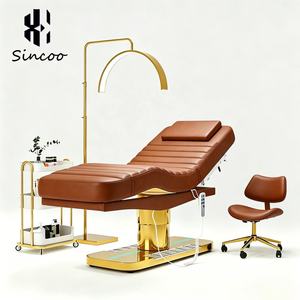 Lit de massage électrique à 3 moteurs avec base en acier inoxydable doré, commande au pied lumineuse et fauteuil intégré, lit de soin personnalisé - Product Image 3
