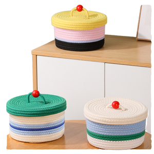 Panier de rangement rond en corde de coton tressé à la main, coloré et mignon, pour la maison, la chambre ou le bureau, avec couvercle, pour organiser les aliments et les articles divers - Product Image 2