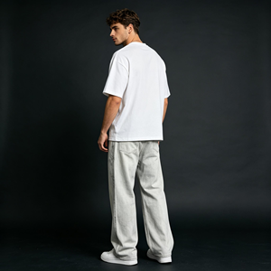 Jeans Larghi da Uomo Effetto Usurato con Macchie d'Olio, Pantaloni in <span class=keywords><strong>Denim</strong></span> Distressed a Gamba Larga, Beige Elasticizzati, Stile Vintage - Product Image 3