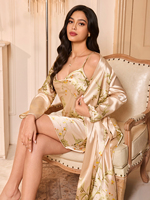 Setelan Loungewear Dua Potong Gaun Tidur dan Cardigan Wanita Mewah dengan Desain Cetak, Lembut dan Nyaman