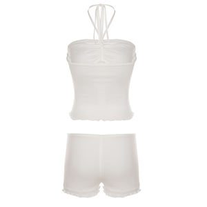 Sweet Floral Embroidered Collarless Halter Neck <b>Top</b> & <b>Shorts</b> <b>Set</b>-Breathable Waterproof Spandex/Polyester Coordinated Outfit - Product Image 6