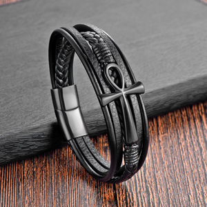 Men's 3-Layer Braided <b>Leather</b> <b>Bracelet</b> with PVD 18K Gold Cross & Magnetic Clasp | Stylish Wristband for Fashion and Casual Wear - Product Image 3
