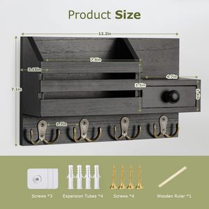 Porte-clés mural moderne à double niveau en bois avec adhésif, organiseur de courrier et de clés avec <span class=keywords><strong>tiroir</strong></span> et <span class=keywords><strong>petite</strong></span> étagère 12,2x7,1x3,2 pouces - Product Image 2