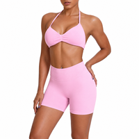 Set Yoga Warna Solid Baru, Bra Yoga, Celana Pendek Olahraga Pinggang Tinggi Model Peach Hip, Halter Cantik di Bagian Belakang, Ringan dan Bernapas