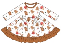 Meilleure vente Robe de Noël à manches longues imprimée Père Noël pour filles jupe évasée à volants pour enfants vêtements en bambou très doux