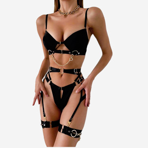 Lingerie sexy en métal avec chaînes ouvertes en vente en gros Lingerie <span class=keywords><strong>Brest</strong></span> soutien-gorge push up porte-jarretelles 3 pièces ensembles Lingerie Femme Sexy - Product Image 1