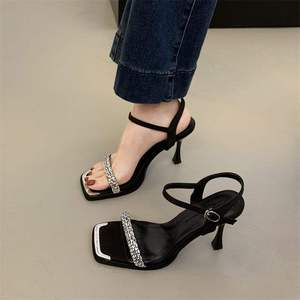 Nuevas Sandalias de Tacón Alto con Punta Abierta y Una Sola Tira, Estilo Verano, de PU, para Mujer, Tacón de Aguja Francés de Alta Gama, con Pedrería, Zapatos Sexys de Noche - Product Image 1