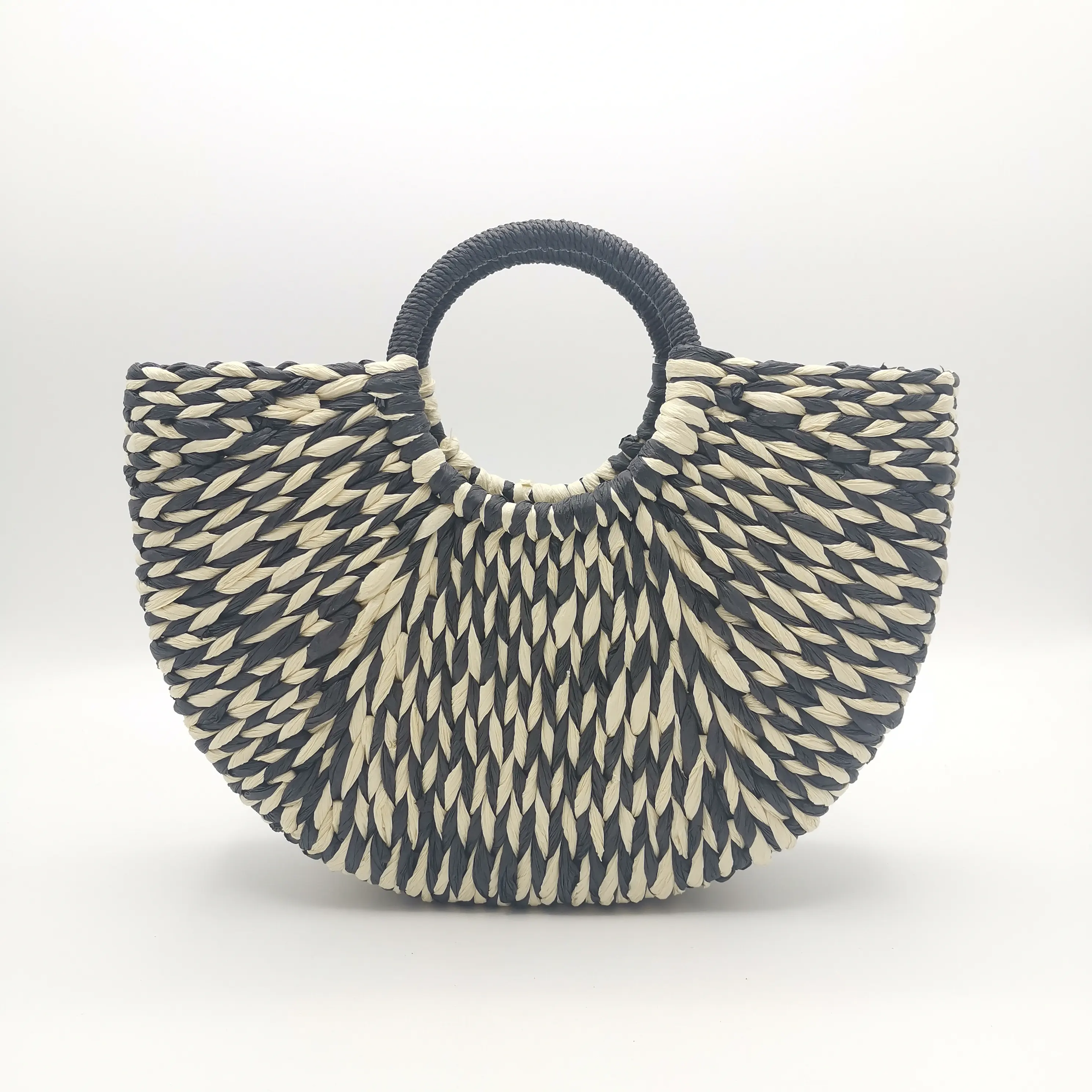 Palha preto e branco Woven Handbag - Straw Bag para o Verão-Straw Beach Tote Bag