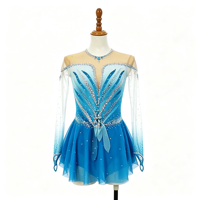 Robe de patinage et de danse pour enfants et adultes, dégradé bleu et blanc, manches longues en maille, strass, dos lacé, pour compétition et spectacle de patinage sur glace