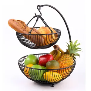 Tazón de fruta de alambre de metal de doble capa, soporte para pan, encimera de cocina, cesta de fruta con colgador de plátano
