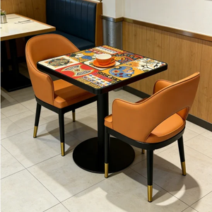 Modern <b>Restaurant</b> Furniture <b>Set</b> With Wood Frame Orange PU Leather Upholstery Faux Marble Table Top Contemporary Design - Product Image 3