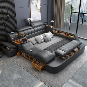 Letto Smart Moderno <span class=keywords><strong>in</strong></span> <span class=keywords><strong>Pelle</strong></span> con Contenitore, King Size, Massaggiante, Multifunzionale, di Lusso - Product Image 1
