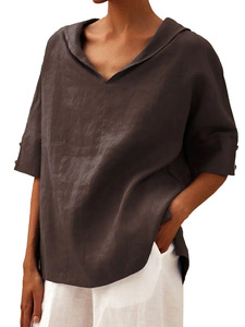 Camiseta holgada con capucha de algodón y lino de color liso para mujeres europeas y americanas - Product Image 3