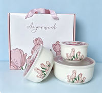 Mangkuk Nasi Keramik Motif Bunga Laris Manis, Set Mangkuk Segar Tiga Buah dalam Kotak Hadiah, Set Hadiah Toko, Mangkuk dengan Logo Kustom