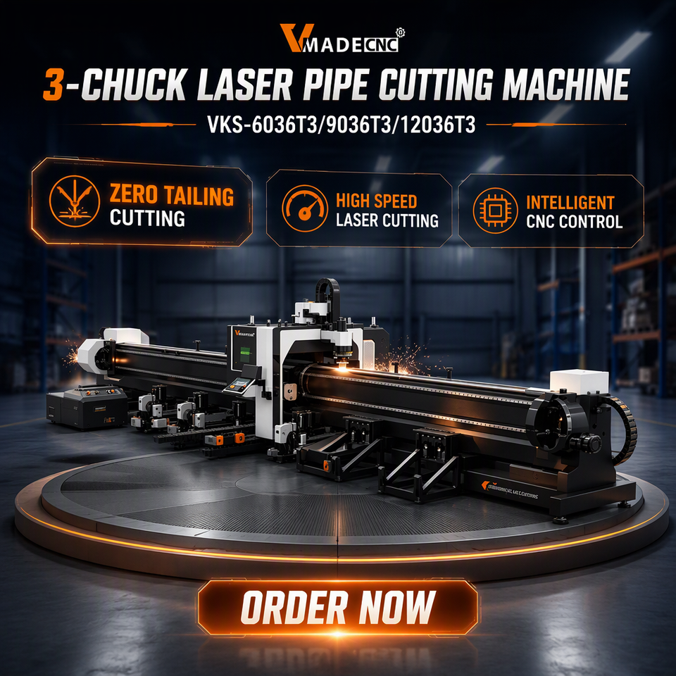 Three Chuck CNC Fiber Laser Tube Cutting Machine Zero Tailing 360mm ...