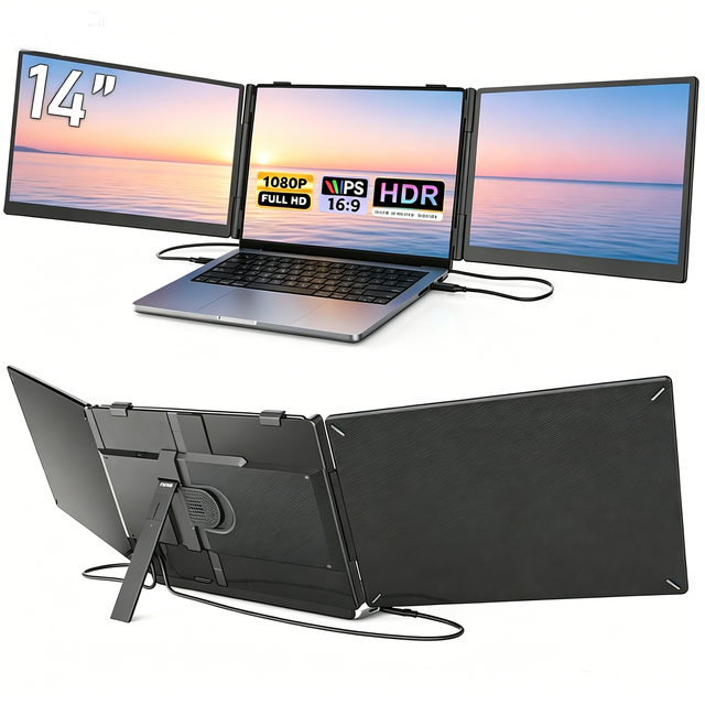 Portable Display Monitors 14 Inch Sizes FHD 1080P Ultra-Slim Triple Portable Monitor Compatible for Programming Video