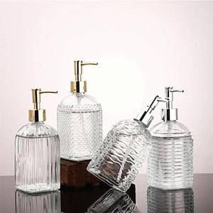 Flaconi Rotondi in Vetro Verde, Grigio, Blu e Trasparente da 450 <span class=keywords><strong>ml</strong></span> per Igienizzante Mani, Shampoo, Bagnoschiuma e Gel Doccia con Pompa Dorata - Product Image 2