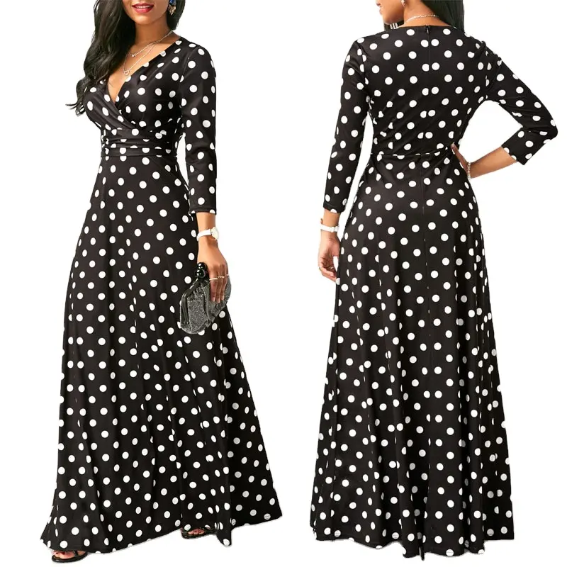 Sexy black polka dot printed vintage dress women v neck long sleeve fashion bohemian dress