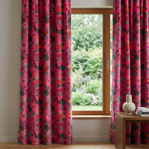 Cortina de Terciopelo Rosa Intenso con Diseño de Aves y Flores, Cortinas Botánicas Vintage, Estilo de Terciopelo de Algodón de Lujo - Product Image 2