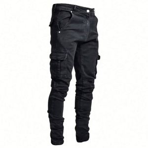 Pantalones vaqueros de mezclilla para hombre, nuevos, al por mayor, de corte ajustado, informales, con cremallera, largos, para otoño, con estampado medio claro, J0186 - Product Image 6