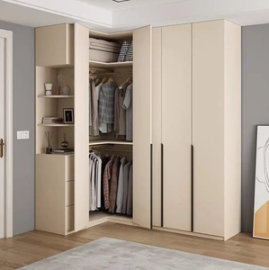 Ensemble <span class=keywords><strong>de</strong></span> placards d'angle en forme <span class=keywords><strong>de</strong></span> L en bois massif <span class=keywords><strong>de</strong></span> qualité ENF, style minimaliste moderne, pour hôtel, petits appartements, tons crème - Product Image 1