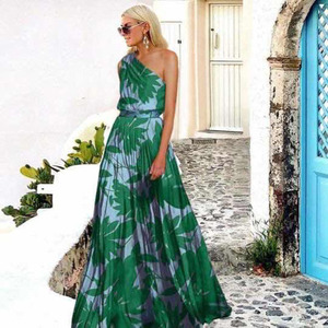 Vestido Largo Estampado de Un Solo Hombro para Mujer, Cintura Imperio, Transpirable, Vestido de Noche, Moda Primavera Verano - Product Image 2