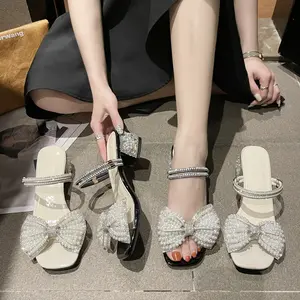 Plus Size Women's High Heel Sandals 2024 Summer Custom Logo Fashion Square Toe Pearl Bow Heels Women Sandals High Quality