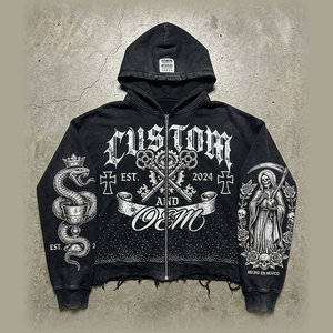 Sweat à capuche zippé pour homme, coupe ample et carrée, style streetwear, effet usé, avec strass, impression numérique personnalisée OEM, grammage lourd 400 GSM - Product Image 2
