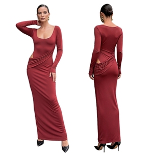 Nouvelle Collection Automne – Robe Longue Formelle Élégante Coupe Crayon Asymétrique Slim Sexy à Manches Longues, Effet Deux Pièces, Couleur Unie, Écologique et Naturelle - Product Image 1
