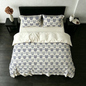 100% Cotton <strong>Duvet</strong> Cover <strong>Set</strong> <strong>Navy</strong> Blue Tulip Print Lace Trim Scandinavian 4-Piece Bedding <strong>Set</strong> for Bedroom Decor - Product Image 2