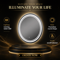 Miroir LED rond sans cadre à éclairage par défilement d'eau avec contrôle tactile anti-buée, miroir rond moderne pour salle de bain d'hôtel