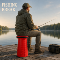 Tabouret de quai rouge à segments ondulés, structure légère et poignée en corde, pour une ambiance chaleureuse en soirée, une brise douce au crépuscule sur le lac