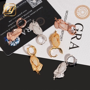Boucles d'oreilles pendantes Mains en prière en Argent 925 avec Moissanite taille brillant rond, plaqué or rose, Croix chrétienne religieuse, Bijoux unisexe - Product Image 6