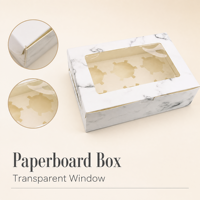 Boîte à dessert personnalisée en carton recyclé avec fenêtre transparente, accent doré et insert en éponge pour ensembles de biscuits, pâtisseries et gâteaux