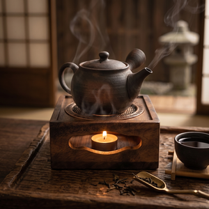 Base Calentadora de Teteras de Madera Vintage, Cuadrada, con Soporte para Velas de Té y Placa de Cobre Calada para Salón de Té - Product Image 1