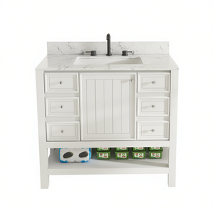 Ensemble de meuble-lavabo moderne blanc de 37 pouces avec dessus en marbre, tiroirs et support au sol - Product Image 1