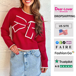Dear-Lover Bán Buôn Phụ Nữ Nốc Đỏ Tương Phản Trim <span class=keywords><strong>Big</strong></span> Bow Giọng Kỳ Nghỉ Giáng Sinh Cắt Áo Len - Product Image 1