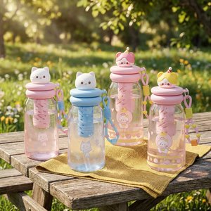 Bouteille d'eau en plastique de 650 ml avec paille et infuseur à thé, mignonne, anti-fuite, pour enfants/écoliers/ecolières - Product Image 1