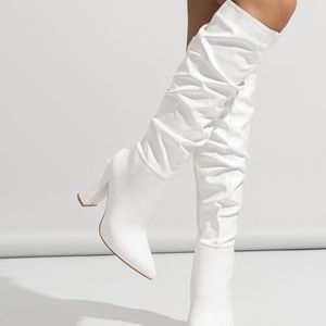 Nouvelles bottes pour femmes en daim et cuir, style hiver et automne, fermeture éclair latérale, talon bloc, hauteur genou - Product Image 4