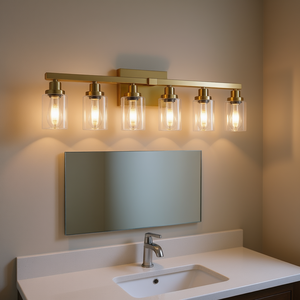 Modern 6-<b>Light</b> Vanity <b>Light</b> Gold Metal Wall Fixture Clear Glass Shades Warm White Bathroom Mirror Lighting 37 Inch - Product Image 2