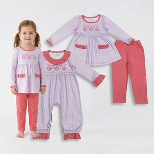 Baby <b>Girls</b> Embroidery Hearts Bows Stripes Valentine's Day Clothes <b>Set</b> - Product Image 1