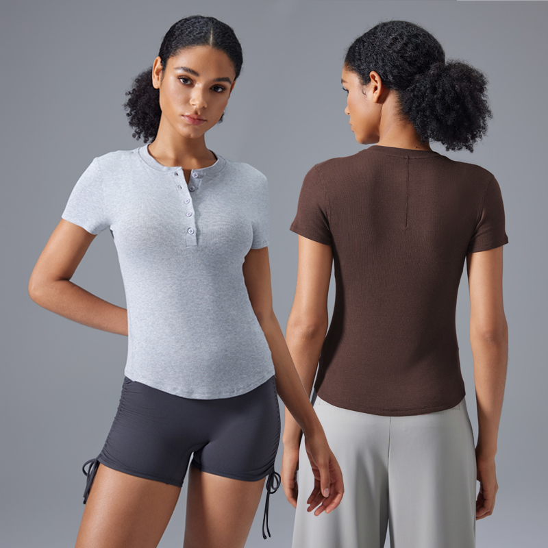 Women's Basic Casual T Shirts Blouse Rib-Knit Button up Short Sleeve Solid Color Round Neck Slim Fit Front Logo Breathable