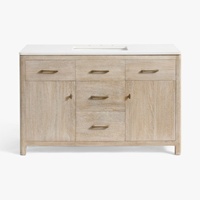 Meuble-lavabo moderne en chêne clair avec vasque simple et plan de travail en quartz, meuble-lavabo contemporain autoportant avec 1 tiroir et 2 portes